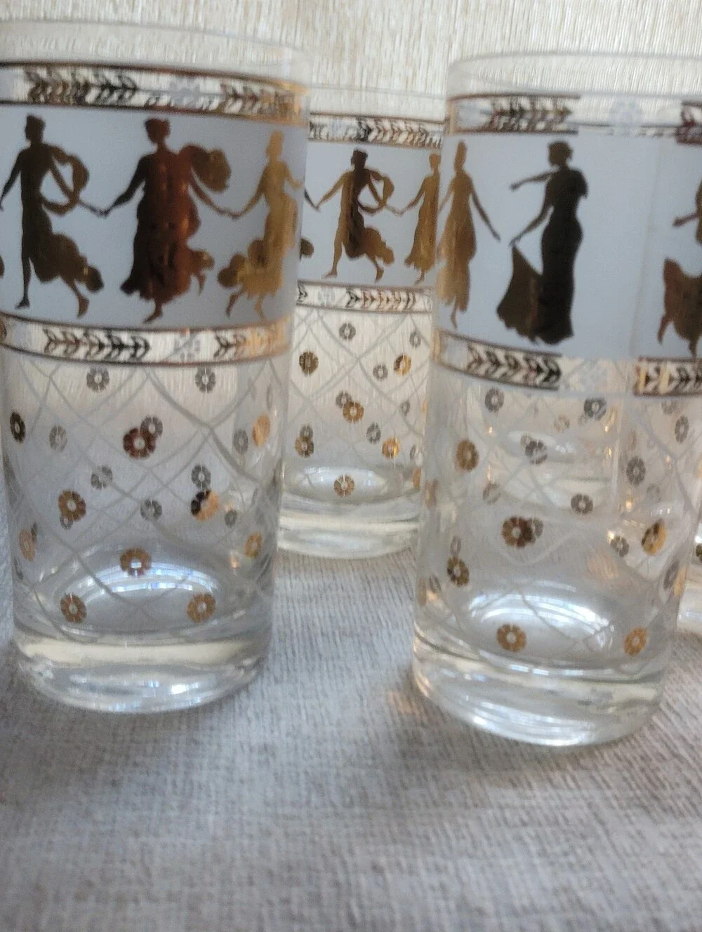 Vintage MCM Culver Style Roman Goddess Highball Glasses - 22k Gold Accent Set 6